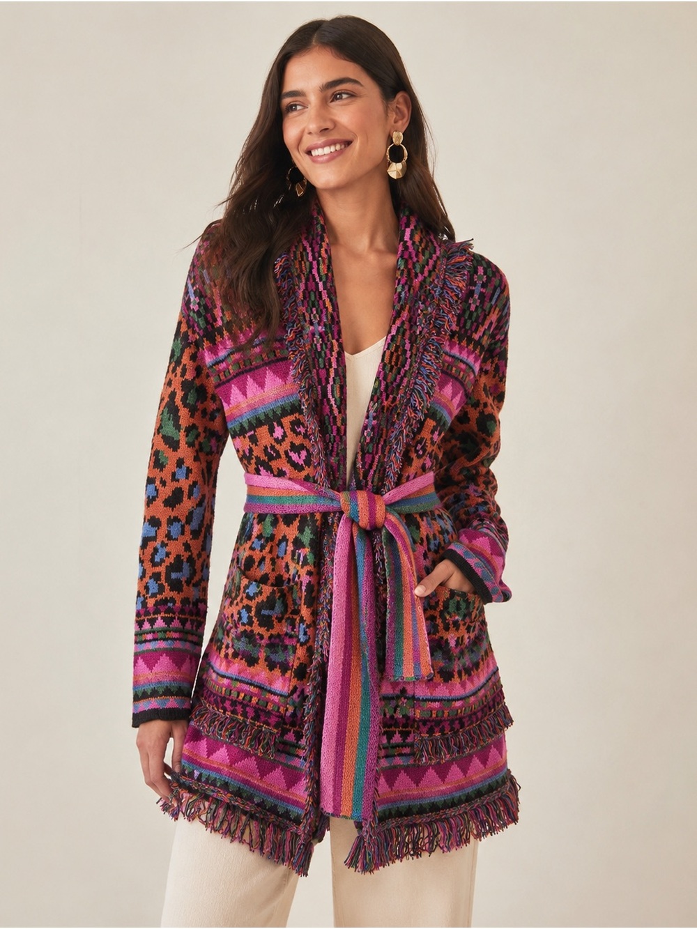 FARM Rio Multicolor Leopard Geometric Fringe Belted Cardigan XS